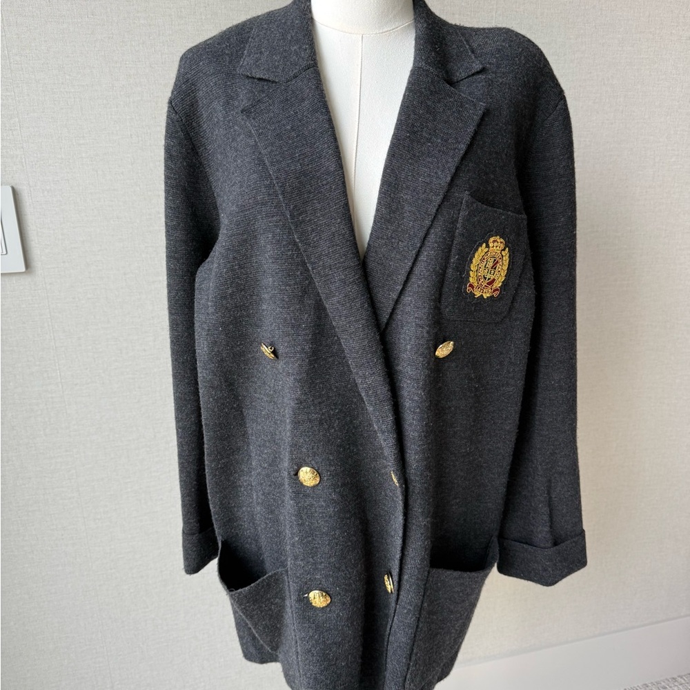 Lauren Ralph Lauren Charcoal Knit Double-Breasted Blazer with Gold Crest Buttons